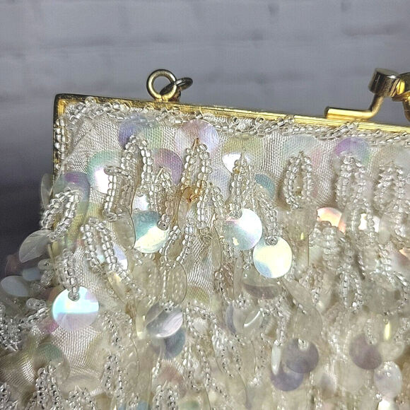 Mr Ernest Evening Hand Bag White Vintage Beaded & Sequins Purse Madein Hong Kong - Picture 9 of 11